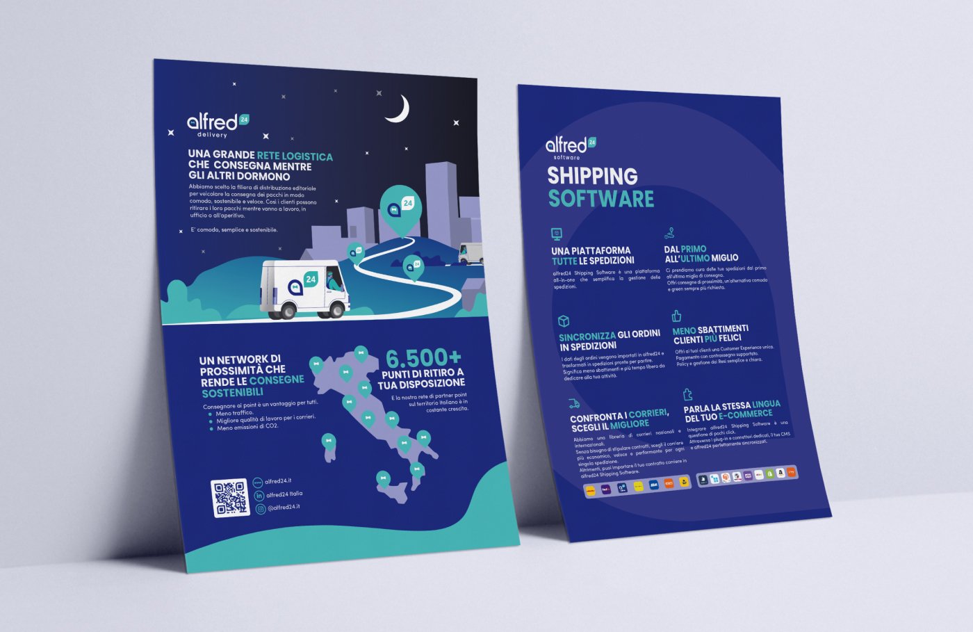 Alfred24 printed boards showing delivery network and shipping software communication