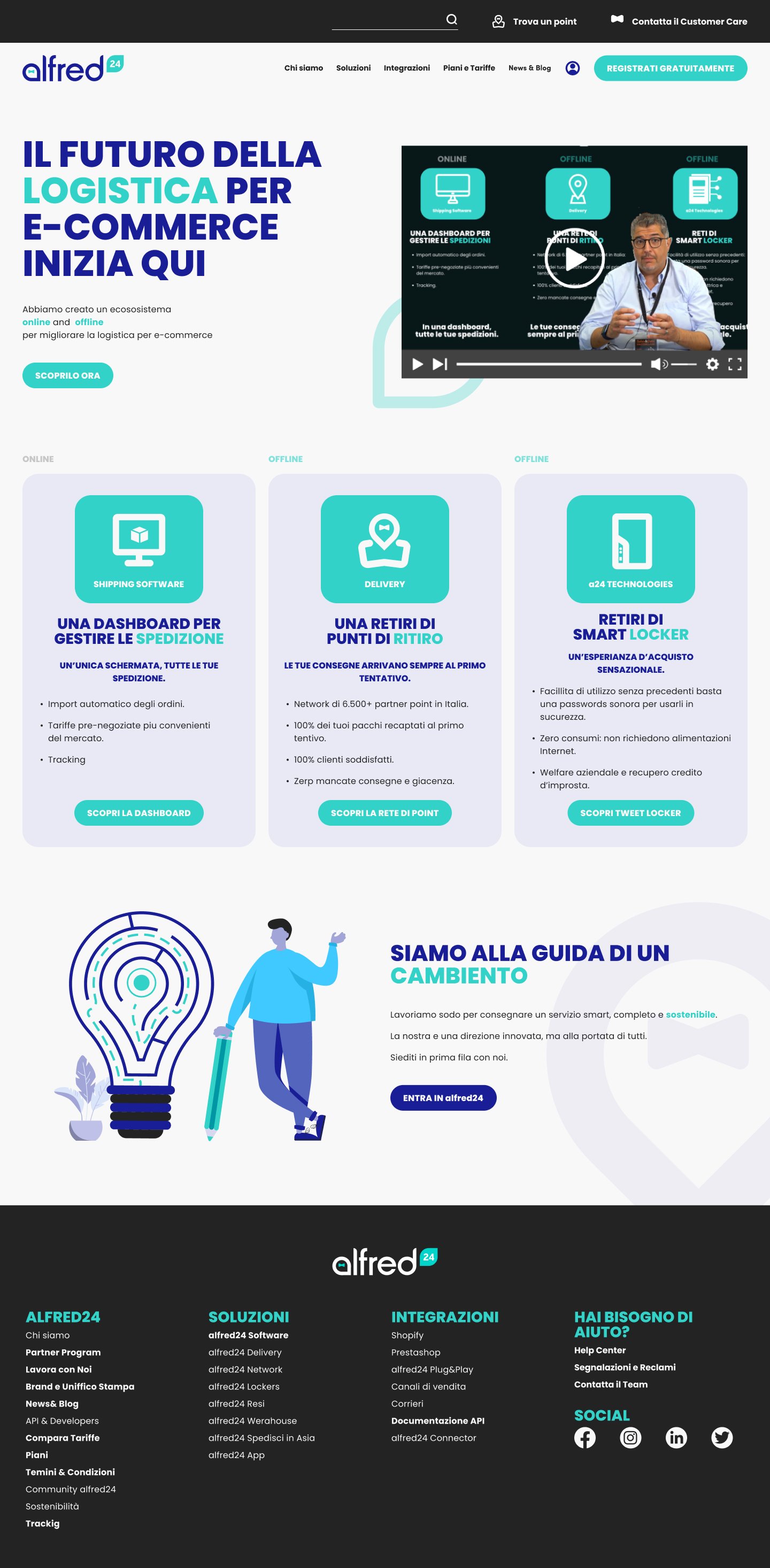 Alfred24 homepage showing the logistics ecosystem homepage with shipping software, delivery and locker pillars