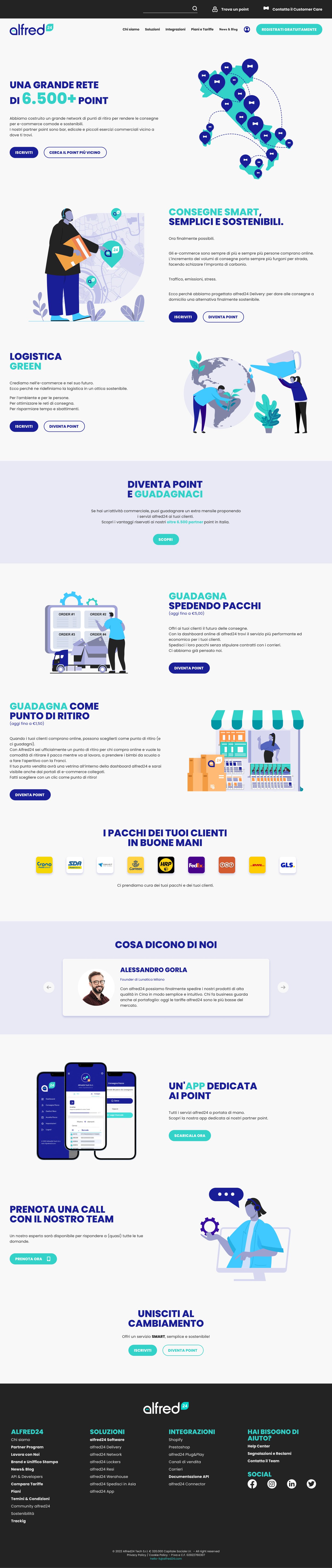 Alfred24 pickup-point partner landing page with 6500 point network, sustainability, earnings and partner app communication
