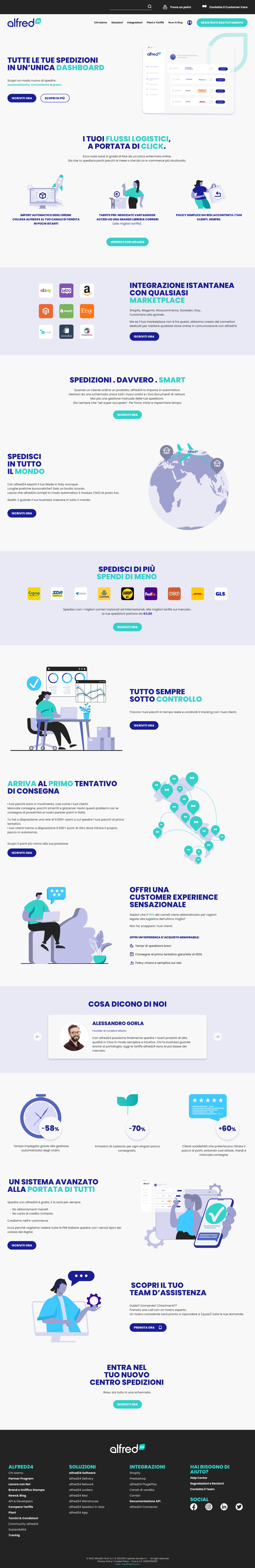 Alfred24 shipping software landing page with dashboard, automation, marketplace integrations, carrier comparison and tracking