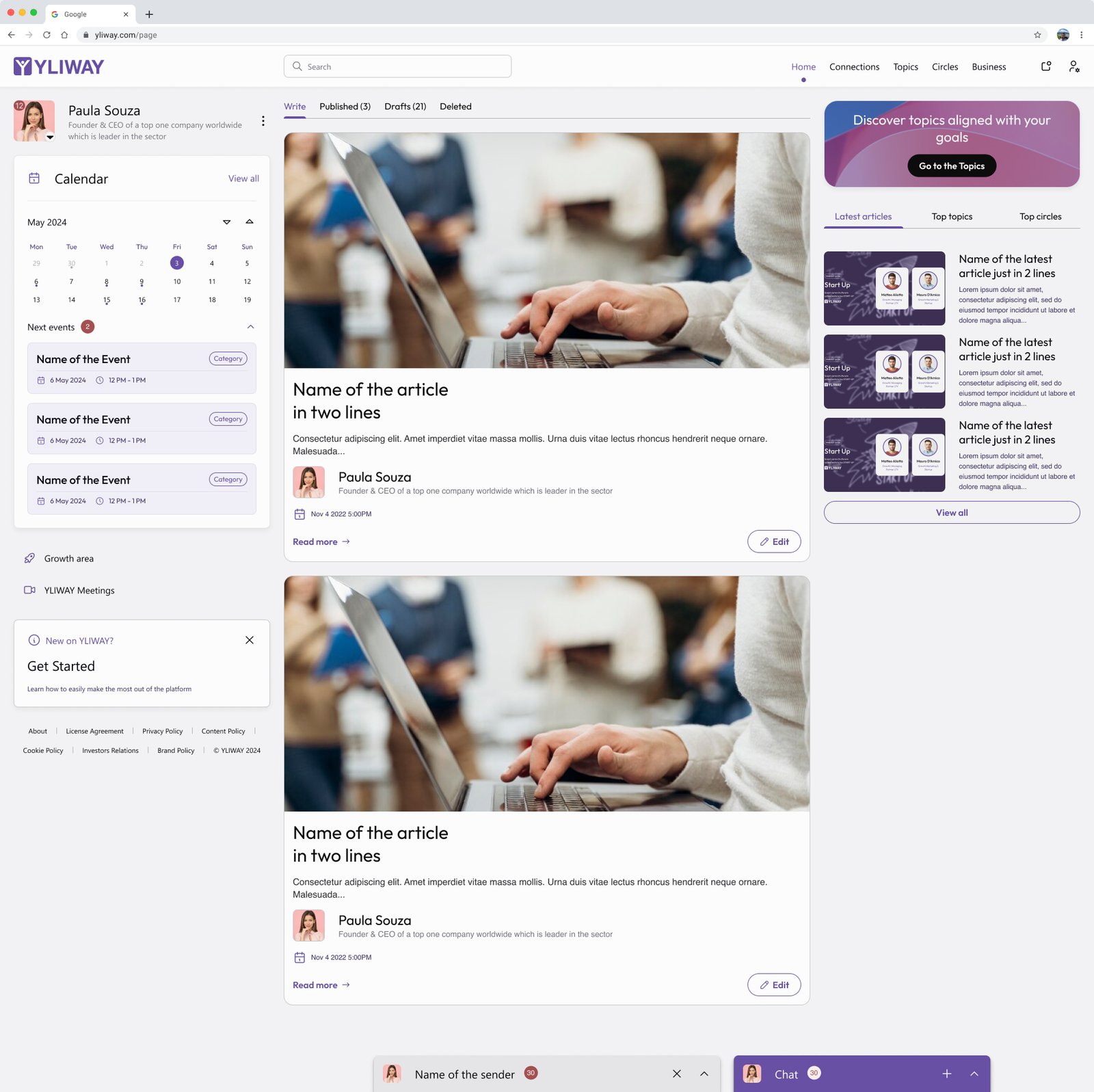 Yliway articles management page with write, published, drafts, deleted states and article cards