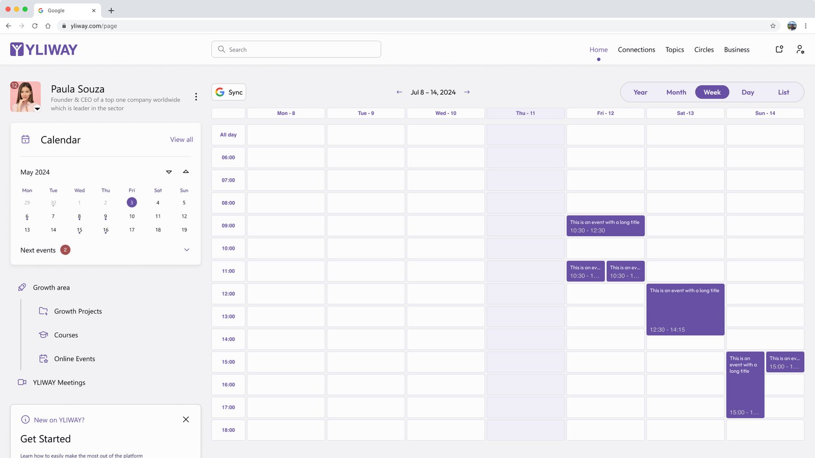 Yliway week calendar with multiple views, time slots, overlapping events, navigation and Google sync