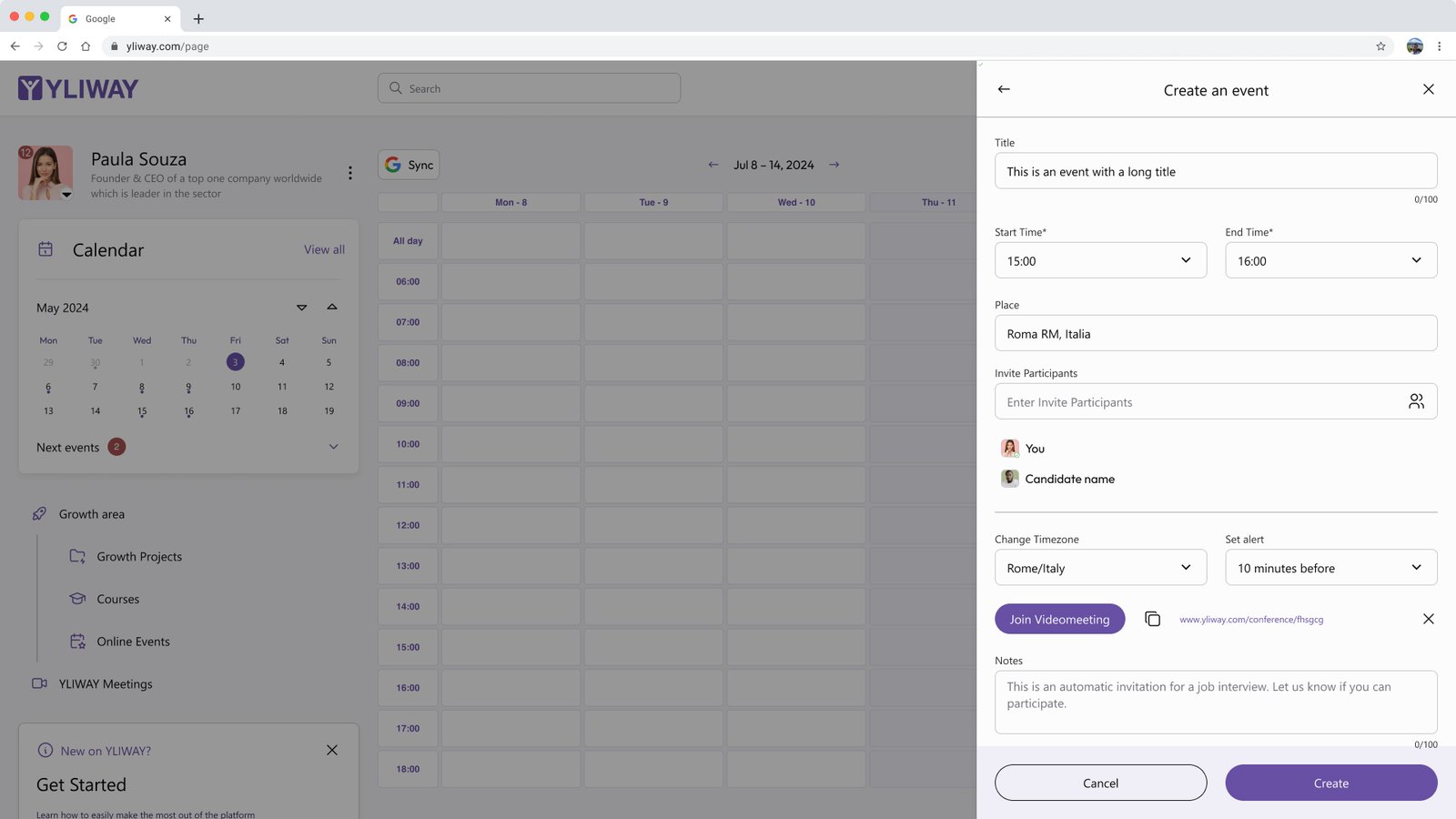 Yliway create event drawer with title, time, place, participants, timezone, alert, videomeeting and notes
