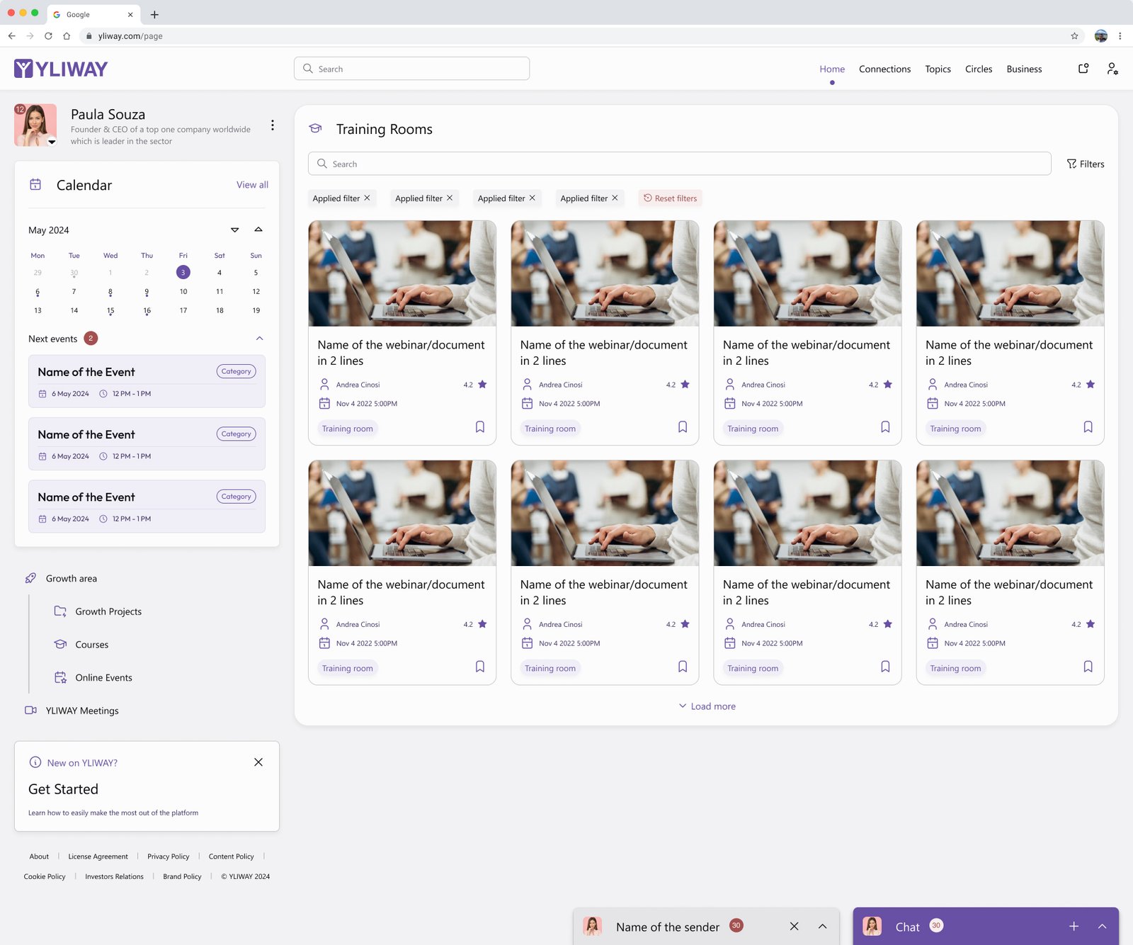 Yliway Training Rooms catalogue with search, filters, course cards, authors, ratings and bookmarks