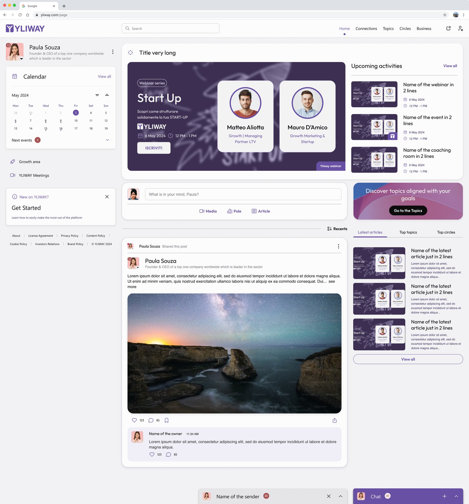Yliway home feed with featured webinar, composer, professional content, discovery modules and persistent chat