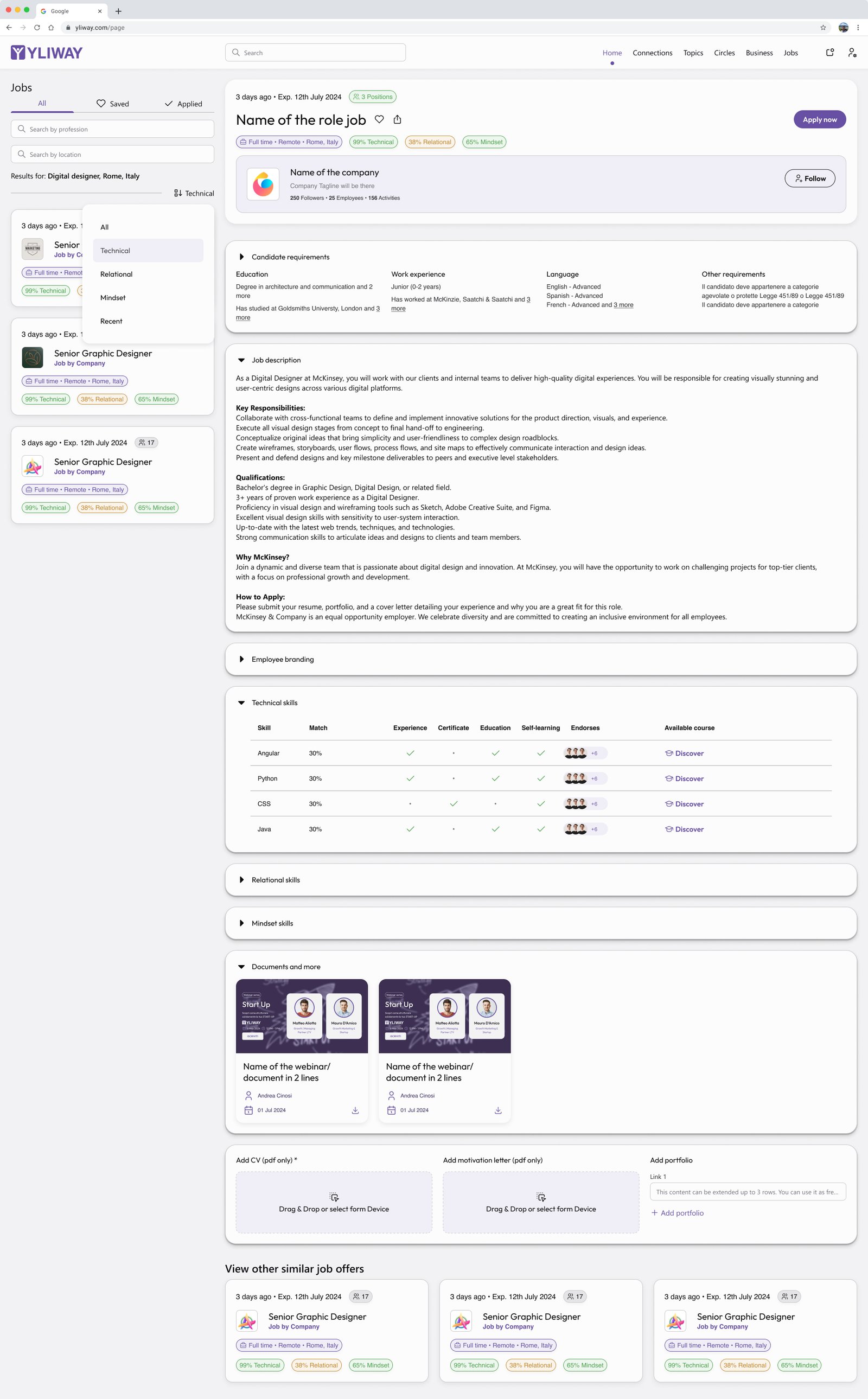 Yliway job listing and detail screen with filters, skill matching indicators, requirements, documents and similar jobs