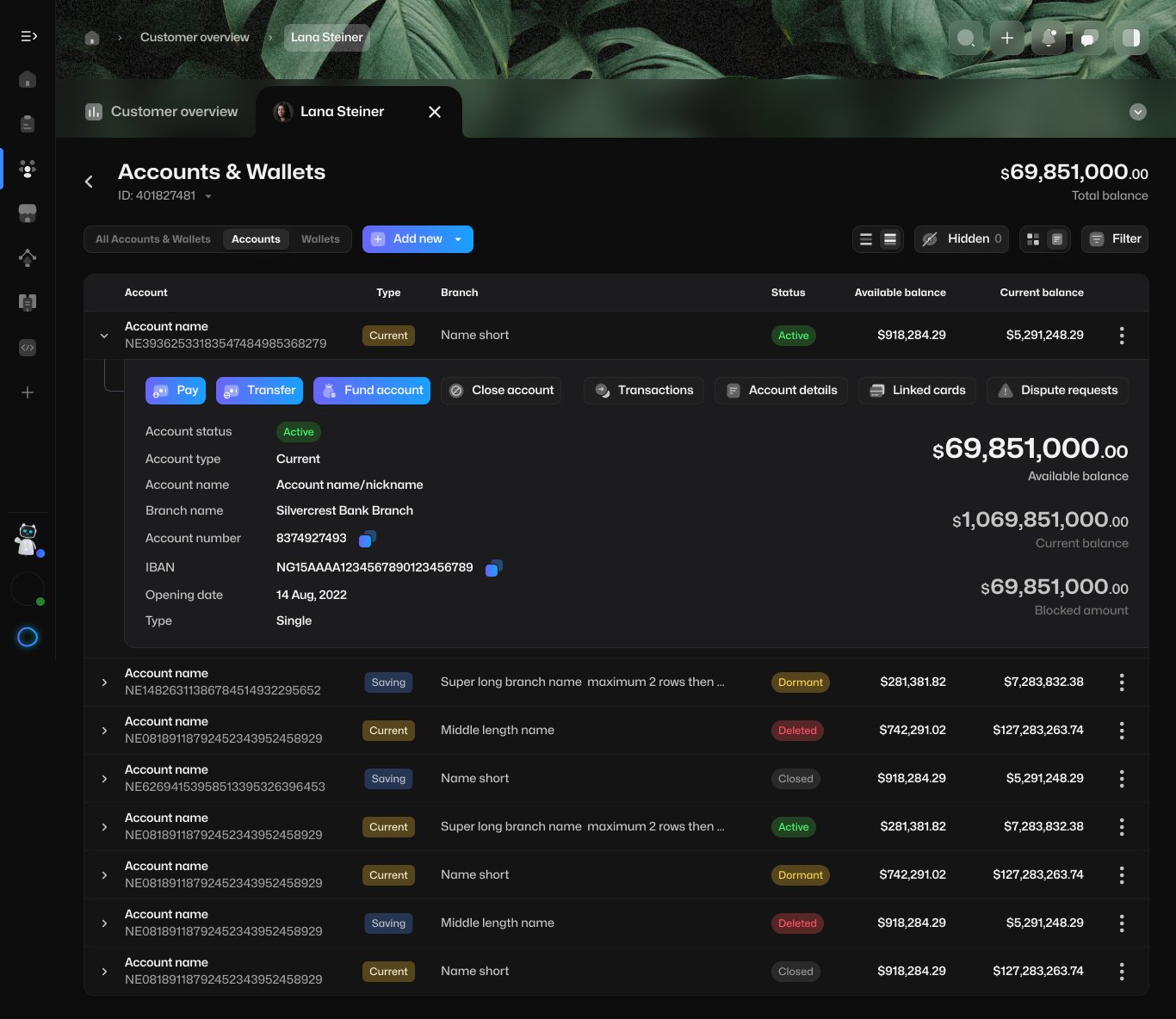 Layer detailed account-list view with expanded row, balances and contextual account actions