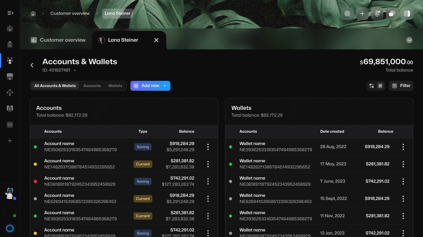 Layer combined Accounts and Wallets overview with balances, statuses and side-by-side list layout