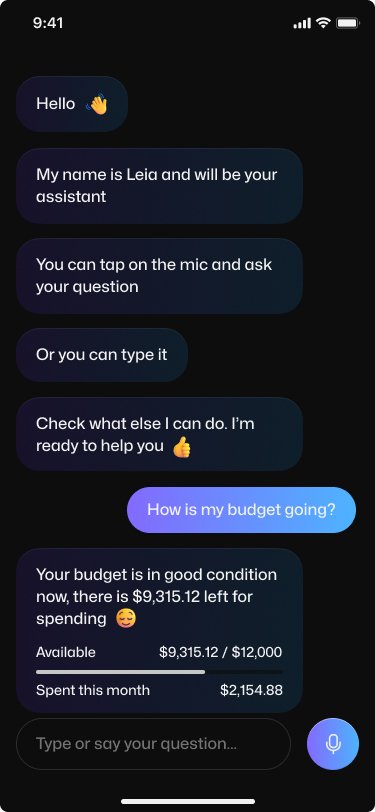 Layer Leia chat screen showing budget question and contextual response with spending progress
