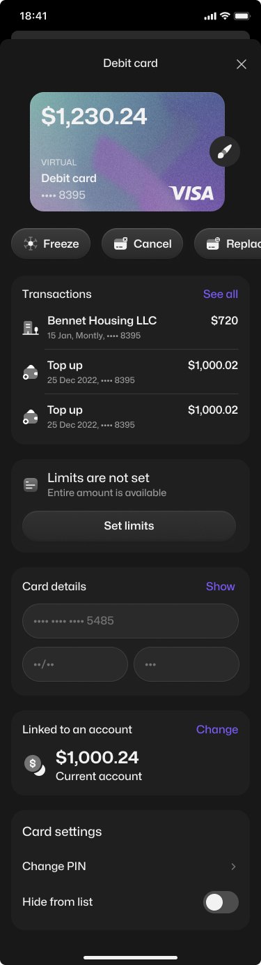 Layer debit-card detail screen with freeze, cancel, replace, limits, card details and linked account