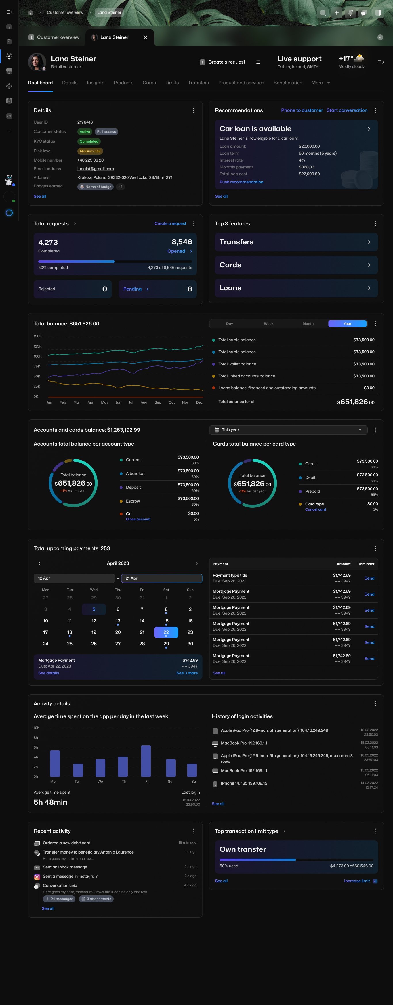 Layer Customer 360 dashboard with identity, KYC, risk, recommendations, requests, charts, upcoming payments, activity and limits