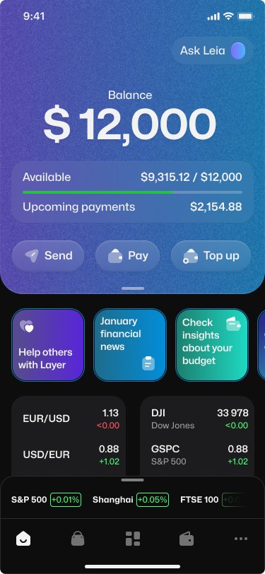 Layer mobile home screen with balance, available funds, upcoming payments, Send, Pay and Top up actions