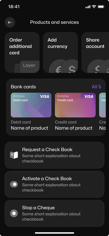 Layer products and services list with bank cards, additional card, currency, shared account and cheque-book services
