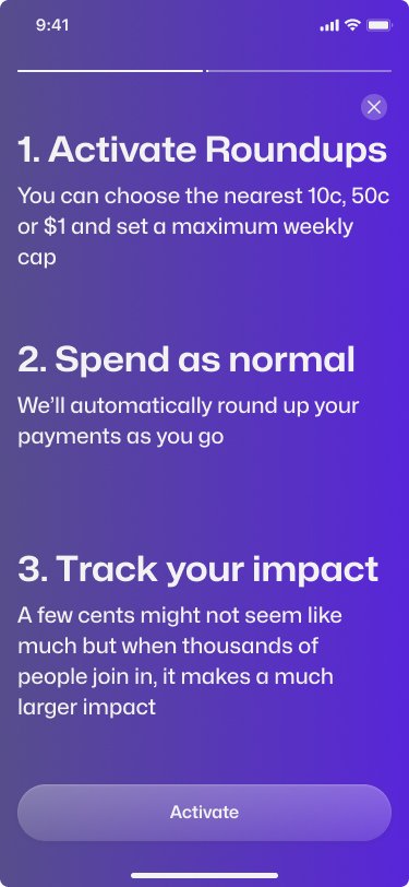 Layer transaction round-up onboarding explaining activation, spending and tracking impact