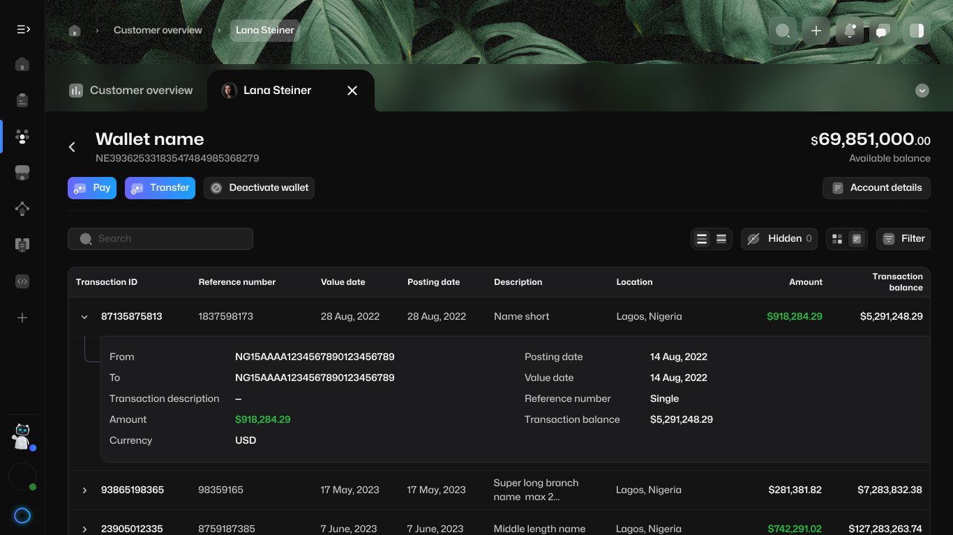 Layer wallet transaction-detail view with search, filters, expandable transaction details, dates, amounts and balances