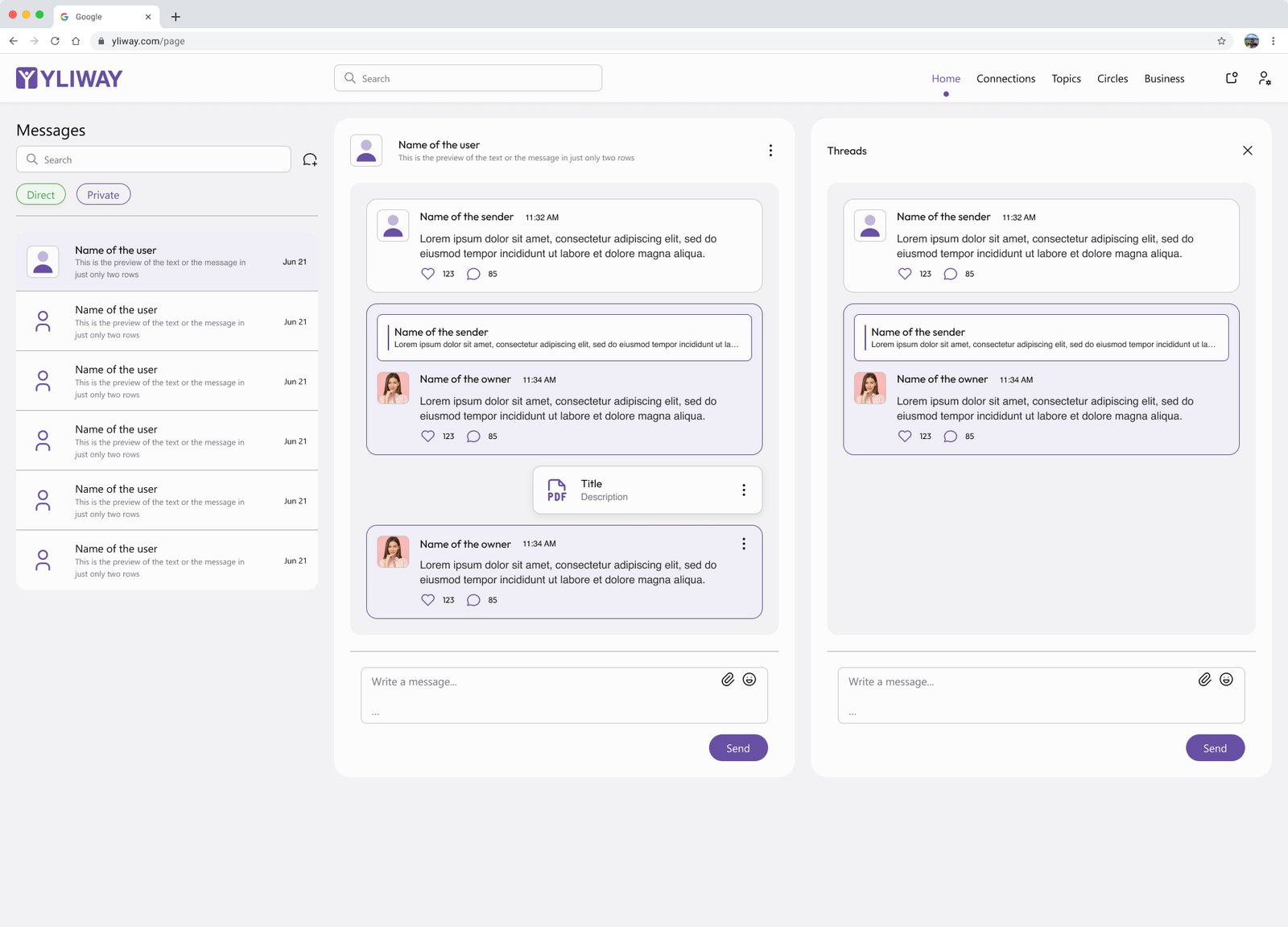 Yliway messaging interface with conversation list, active conversation, threads, reactions, attachments and composer