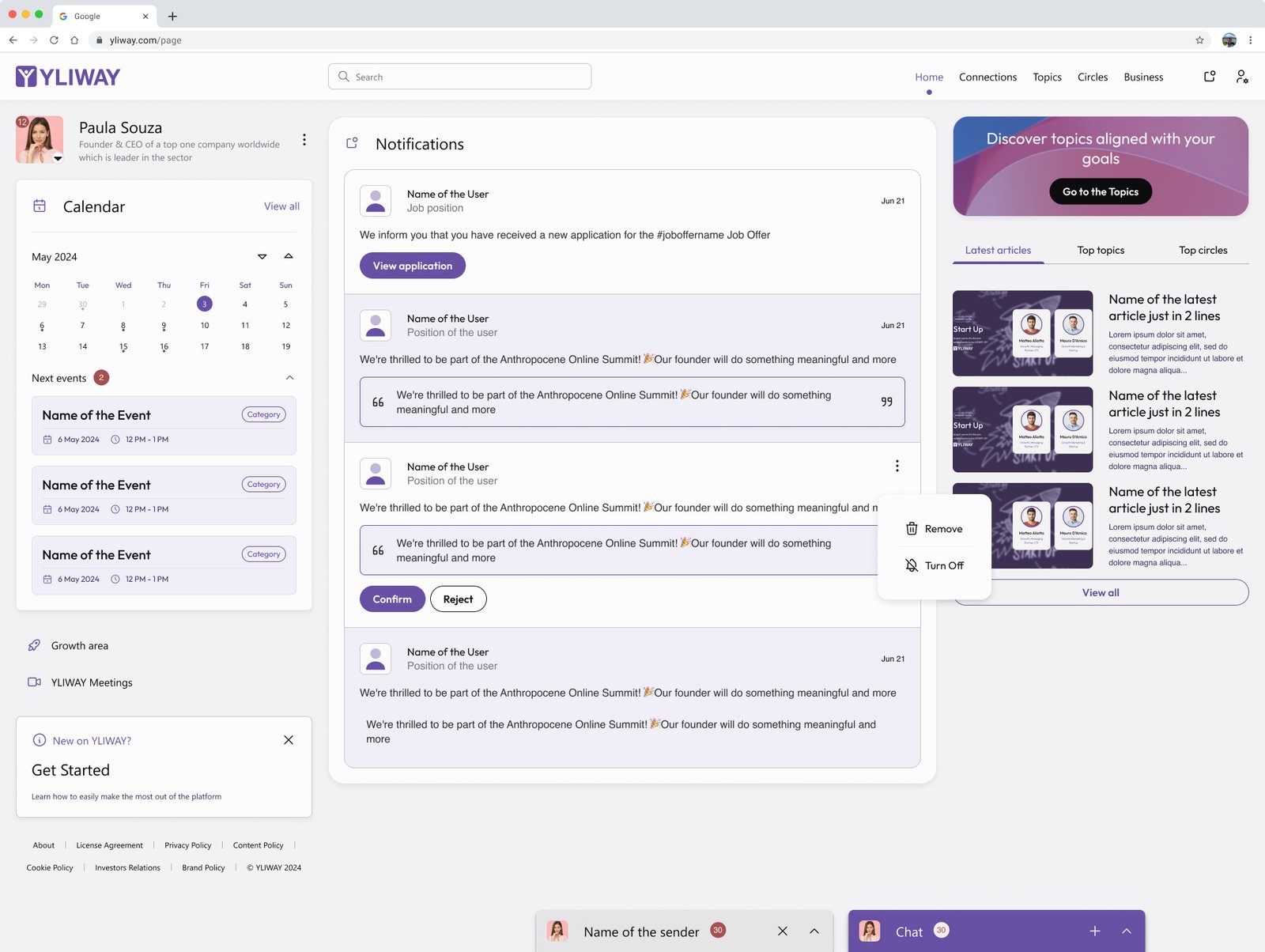 Yliway notification page with application actions, confirm and reject states, remove and turn-off menu