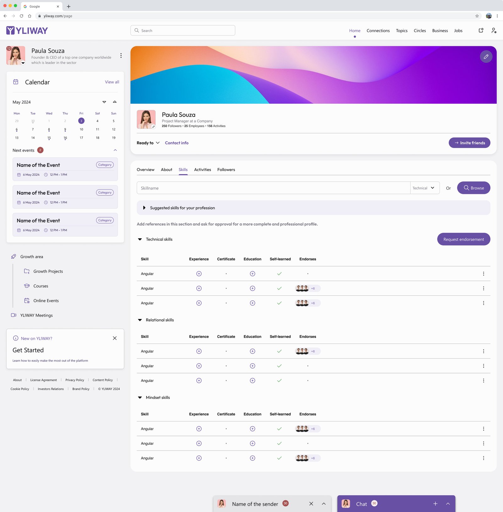 Yliway professional profile skills page with technical, relational and mindset skills, evidence and endorsements