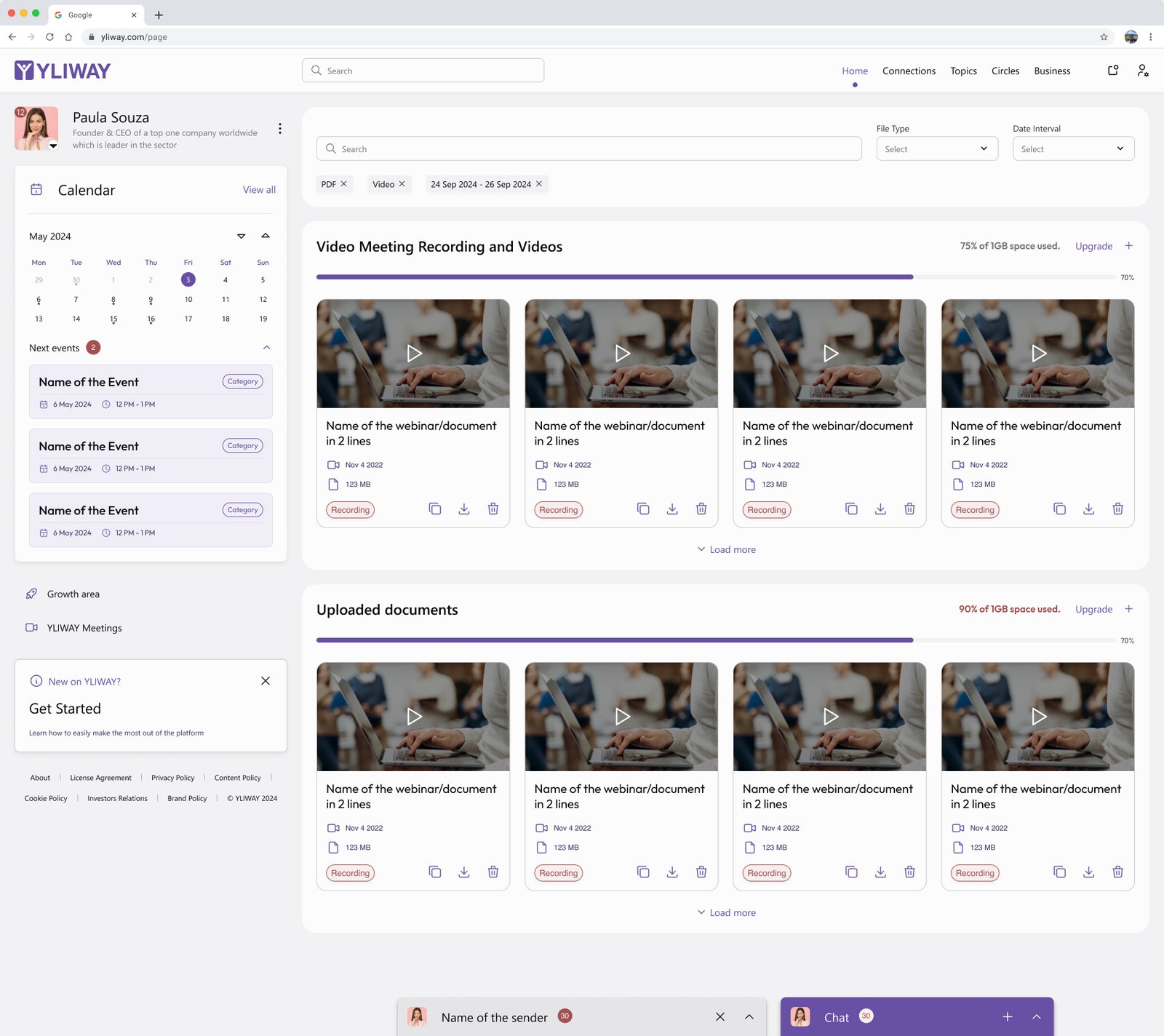 Yliway repository with recordings, uploaded documents, search, filters and storage state