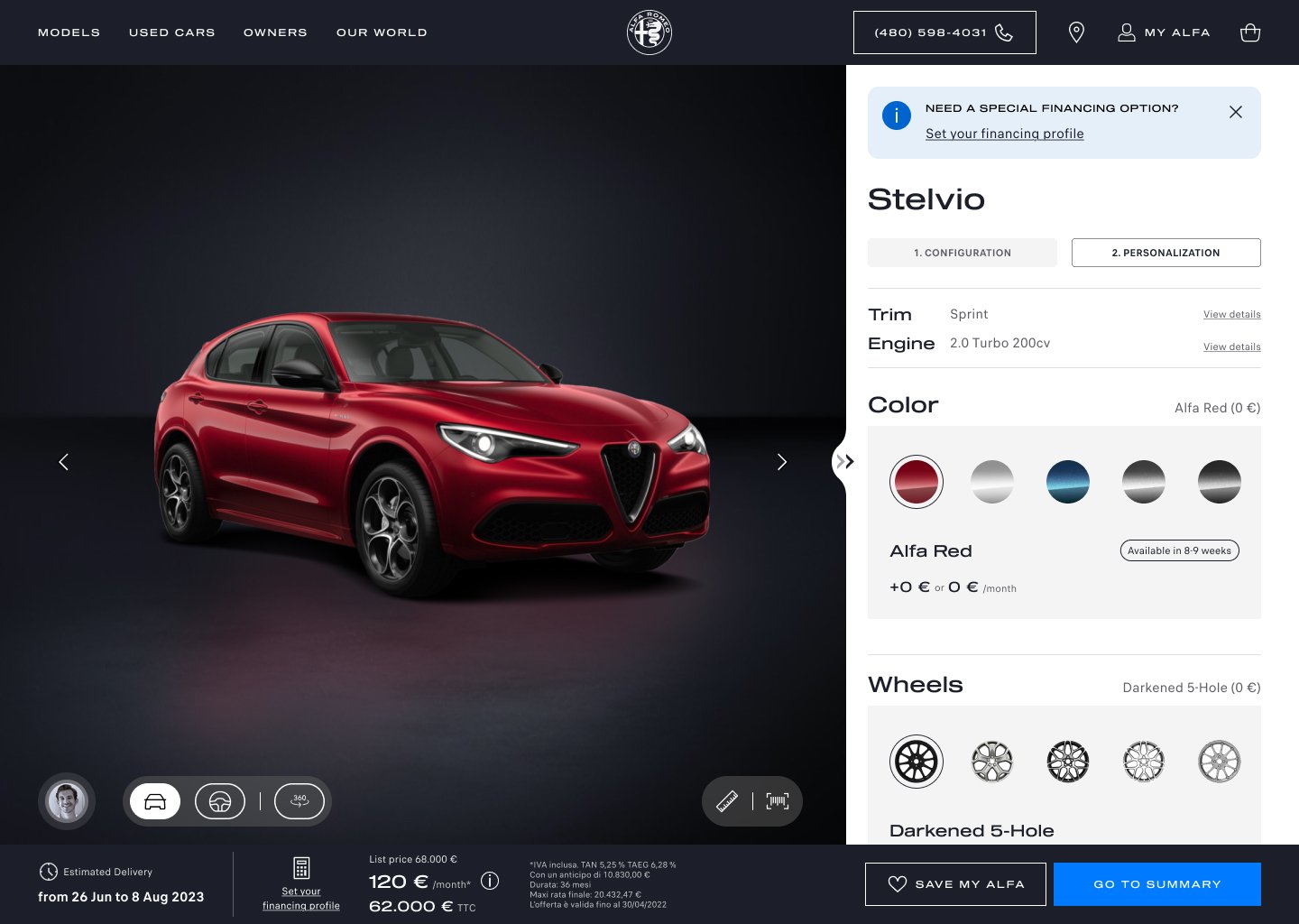 Vehicle configurator screen showing color, wheels, pricing and save actions
