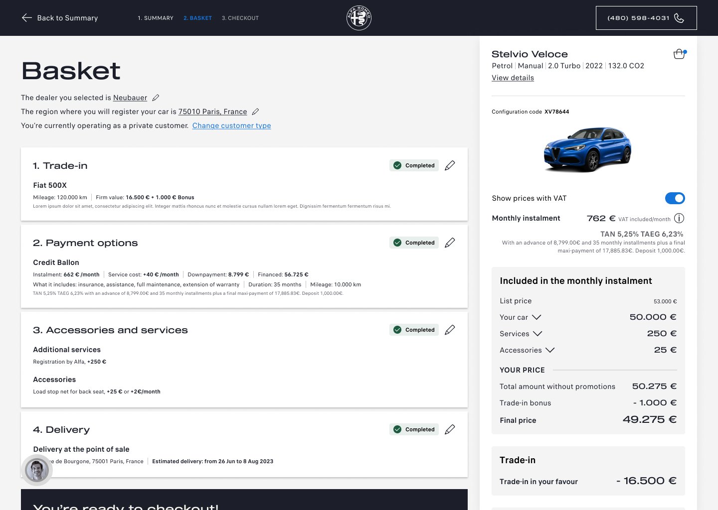 Basket and checkout summary with completion states and persistent vehicle pricing