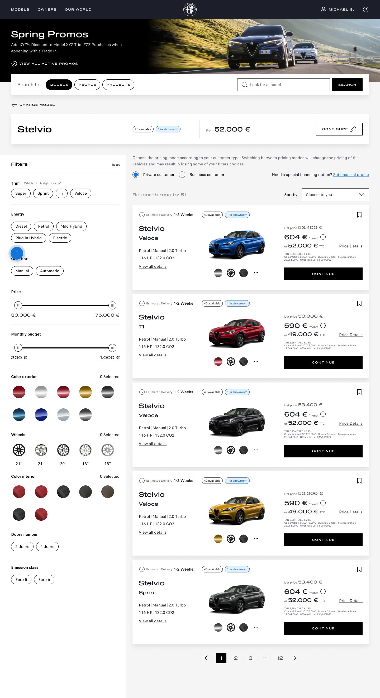 Model search page with extensive filters, vehicle result cards and client save actions