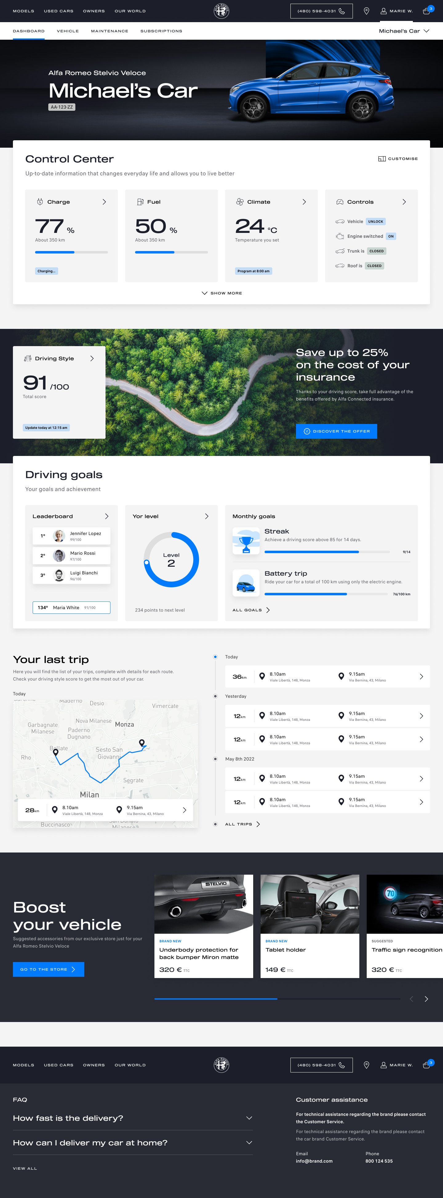 Alternative ownership dashboard composition with control center, driving goals, trips, accessories and support