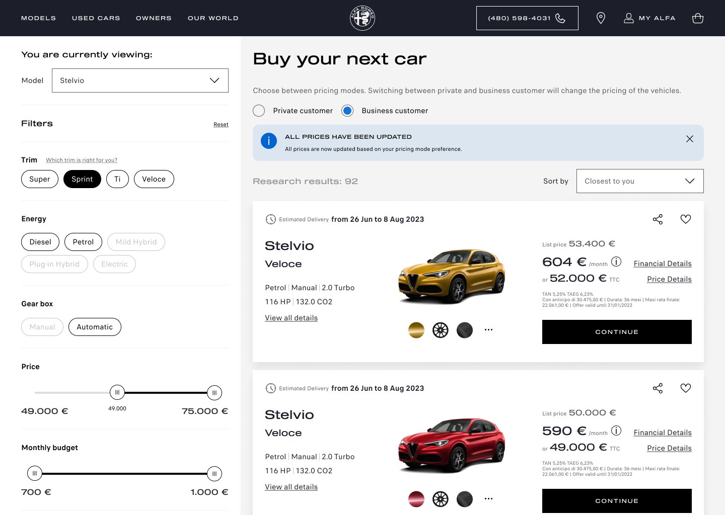 Stock vehicle search with pricing modes, delivery dates and financial details