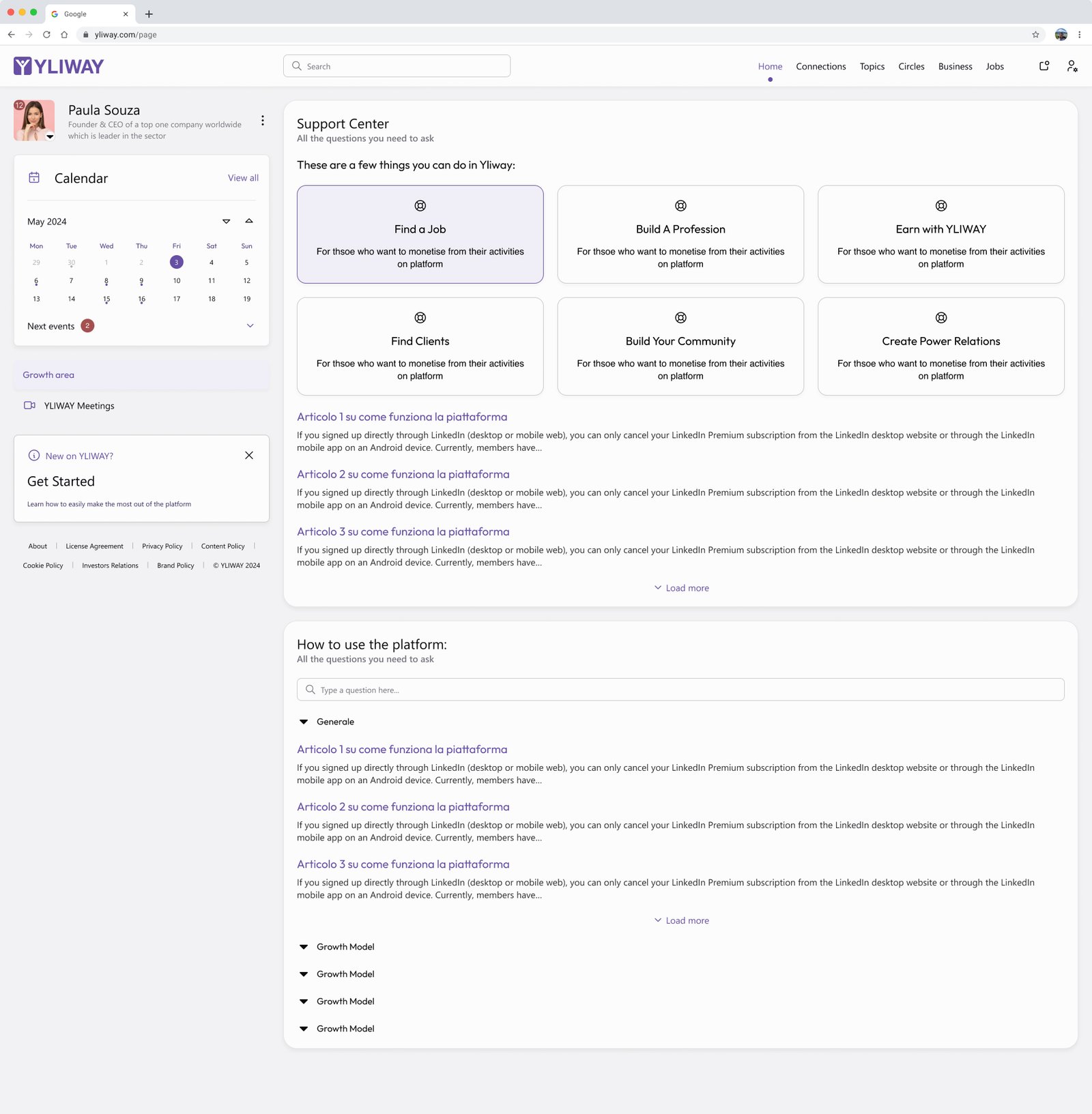 Yliway Support Center showing six professional platform value paths and help content