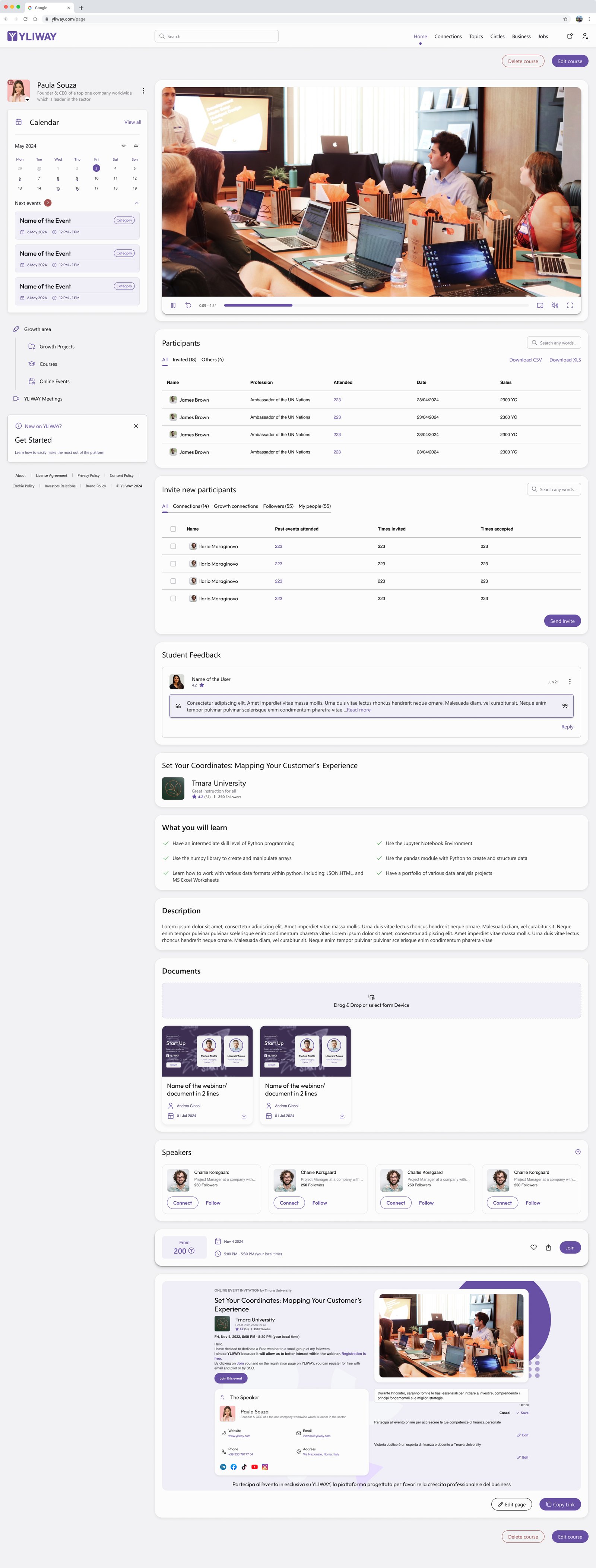 Yliway webinar and event management screen with video, participants, invitations, documents, speakers and public event page